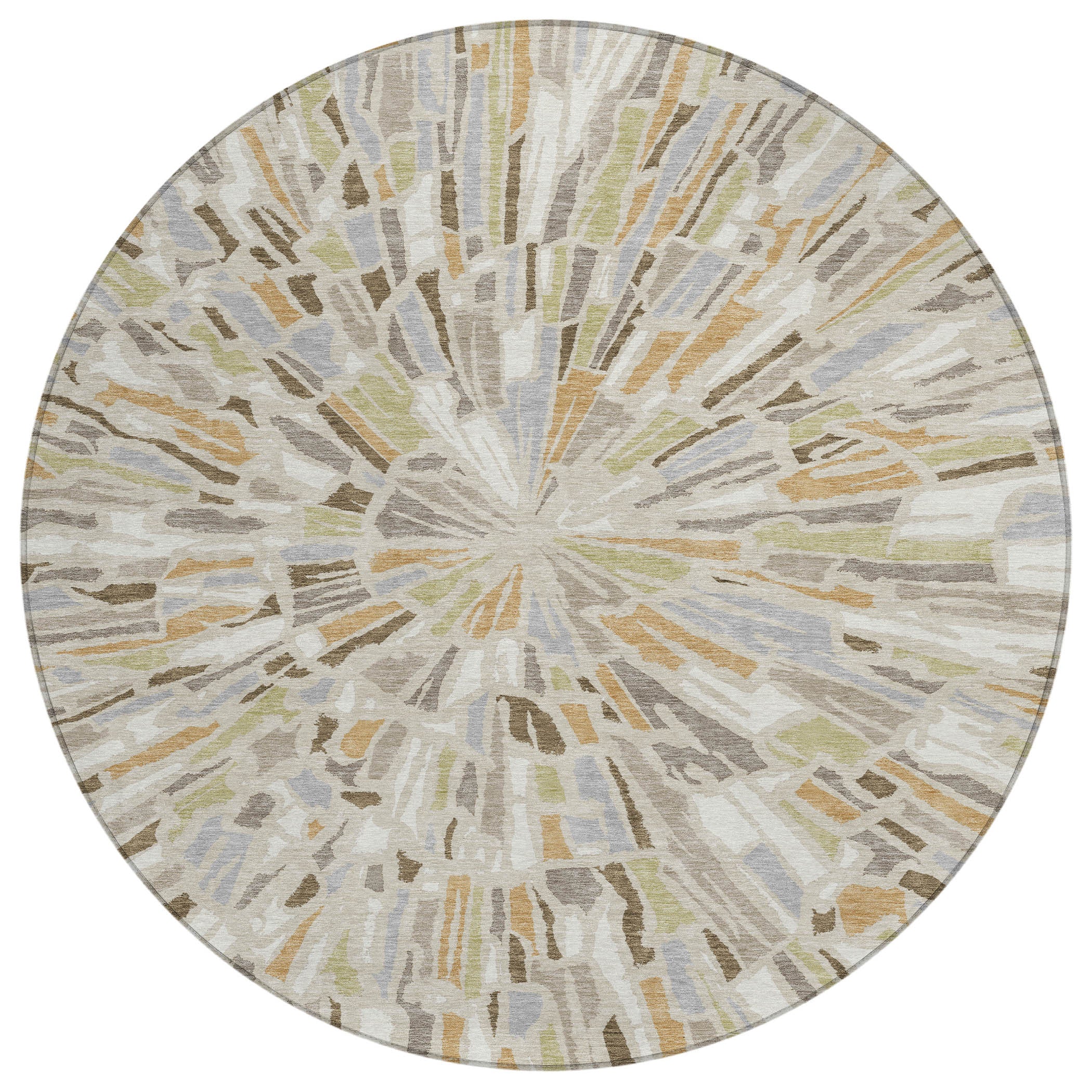 Round beige, taupe, and gray abstract area rug with radial burst design