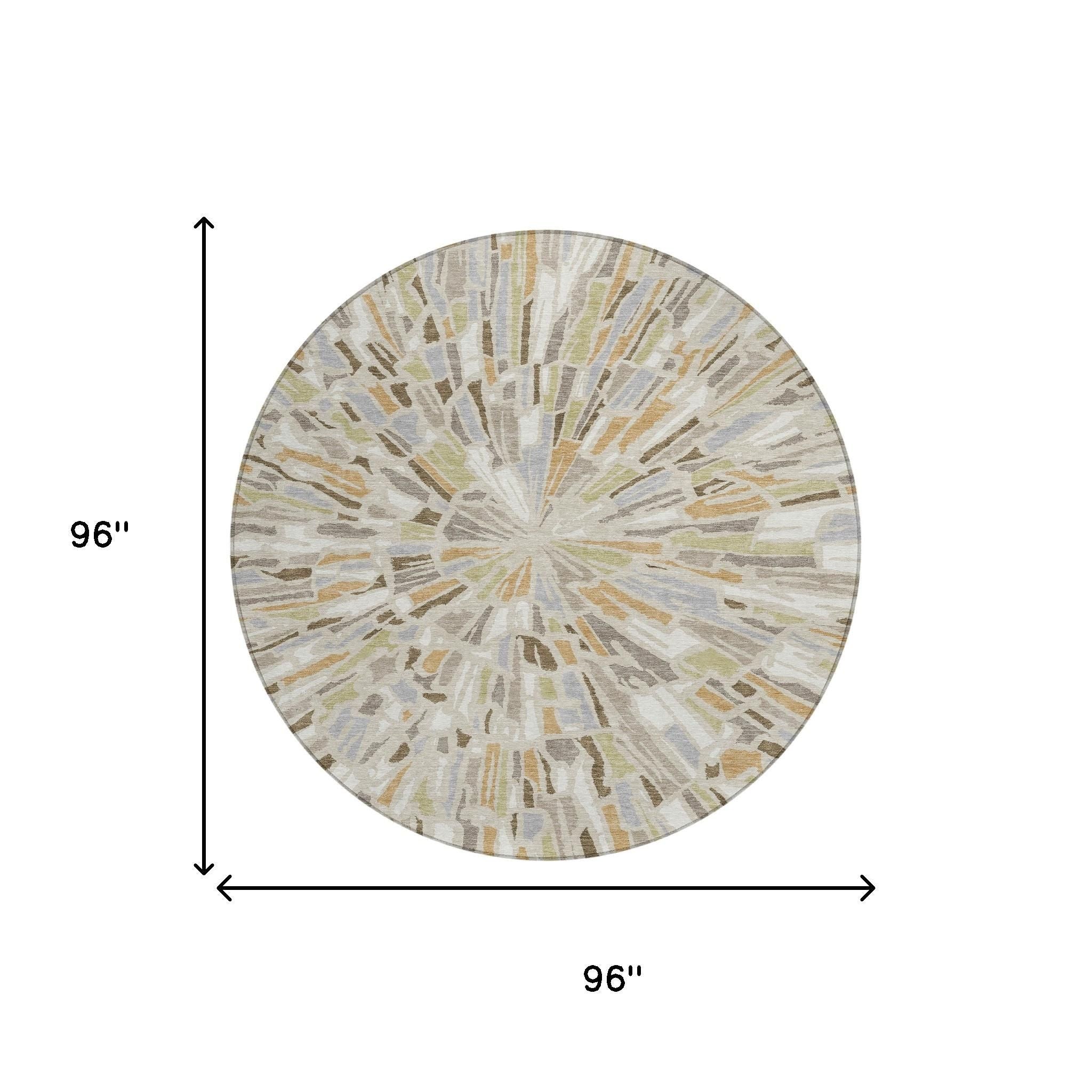 96-inch round abstract area rug, beige and taupe radial burst pattern