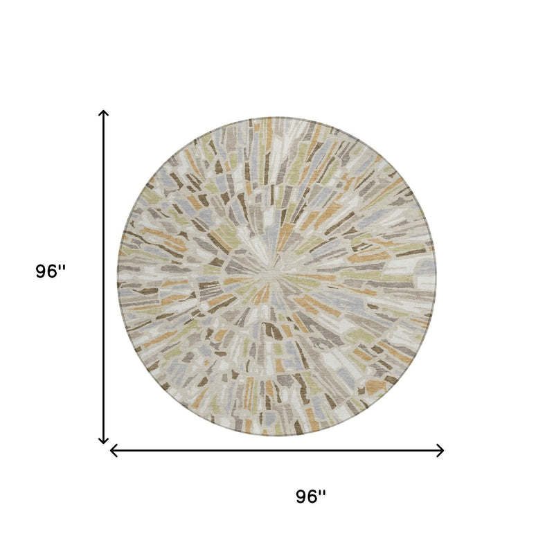96-inch round abstract area rug, beige and taupe radial burst pattern