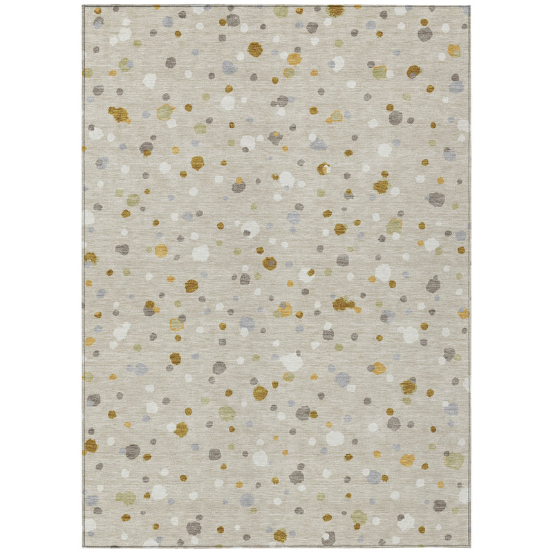 Beige area rug flat view with scattered gold, gray, and pale blue speckles