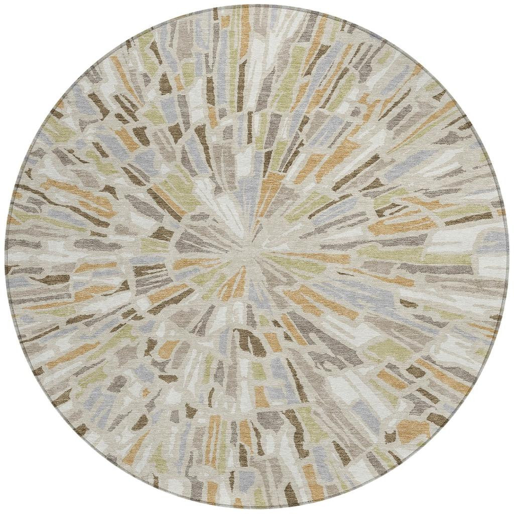 Round abstract area rug, beige and taupe radial burst design