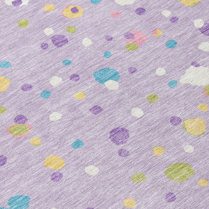 Close-up of lavender rug texture with multicolor confetti dot pattern