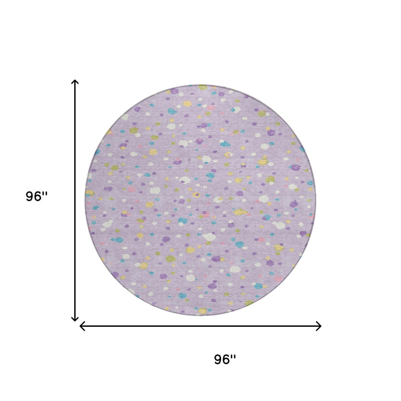 Round rug shown with 96 in diameter measurement on lavender confetti dots