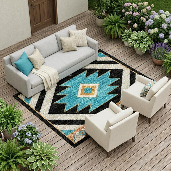 Southwestern area rug with black, taupe, and turquoise geometric diamond and border pattern