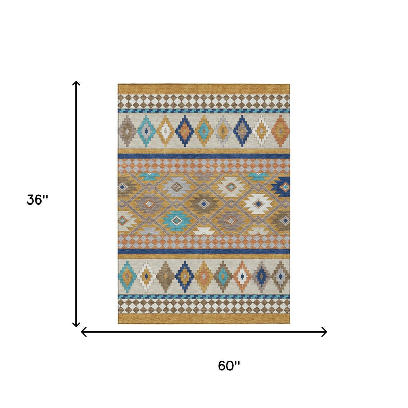 Southwestern rug with geometric pattern, shown with 36 in by 60 in dimensions