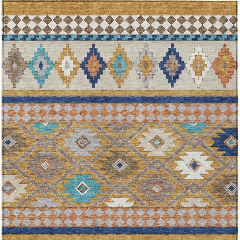 Southwestern area rug featuring layered geometric shapes in cream, blue, and gold-brown