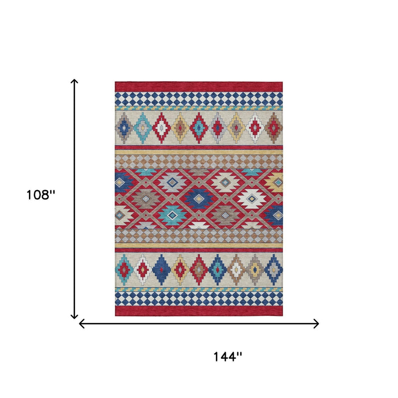 Rectangle area rug, red border and multicolor Southwestern patterns, size shown: 144 x 108 in.