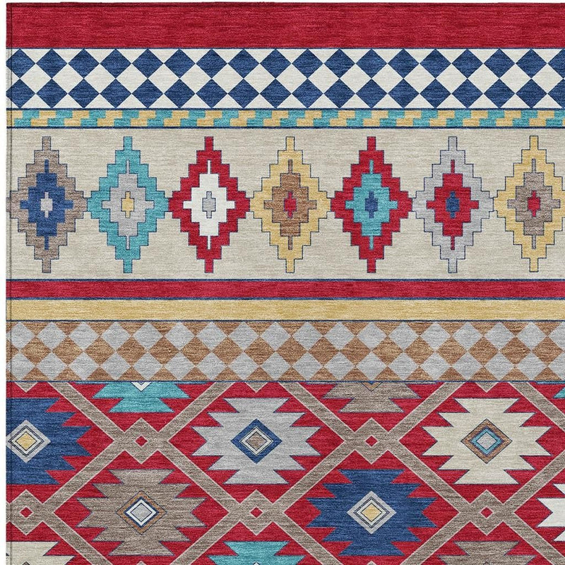 Southwestern geometric area rug with red border, navy diamond motifs, ivory ground, trim.