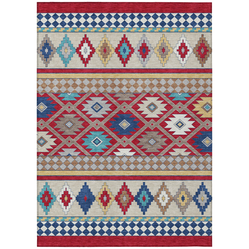Red and ivory Southwestern wash area rug with multicolor medallions and patterned borders.