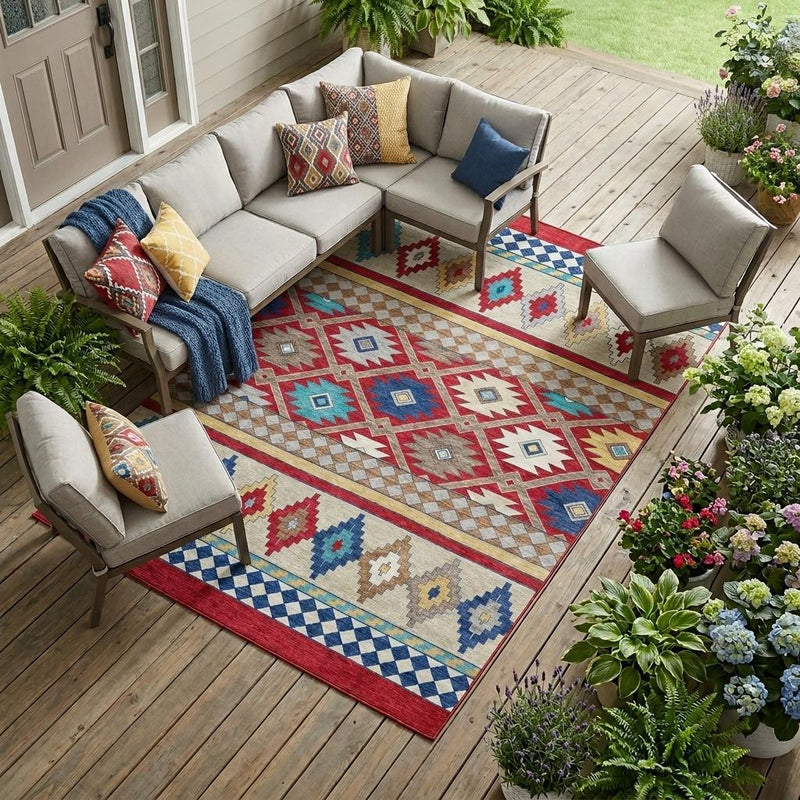 Southwestern red, ivory, blue and turquoise area rug under patio seating on wooden deck.