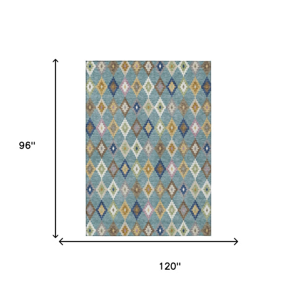 Teal blue aztec-style area rug with multicolor diamond and chevron pattern