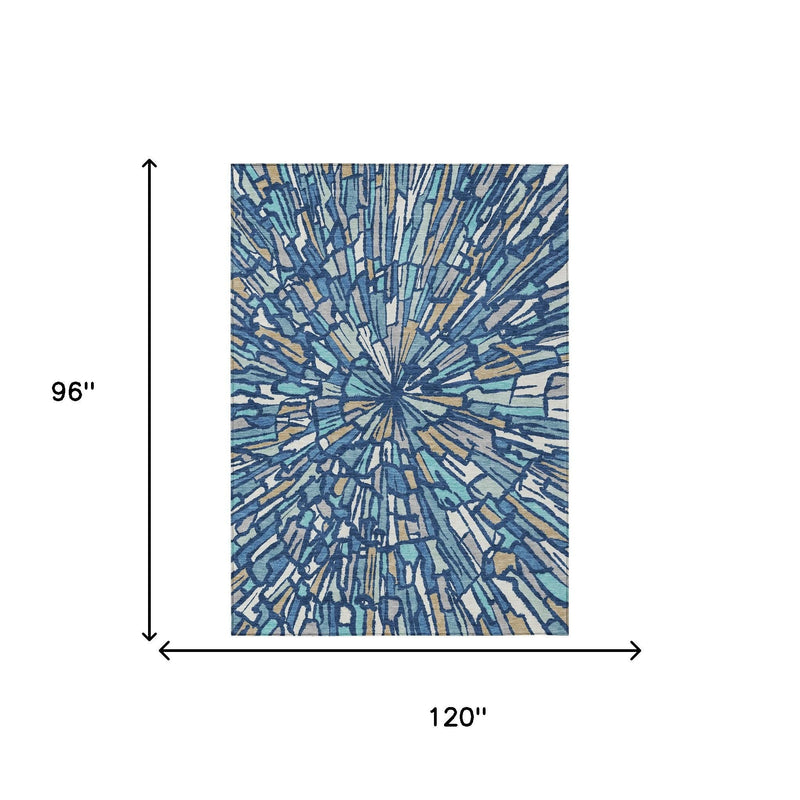 Abstract area rug size diagram: 120 in wide x 96 in long, navy and teal burst