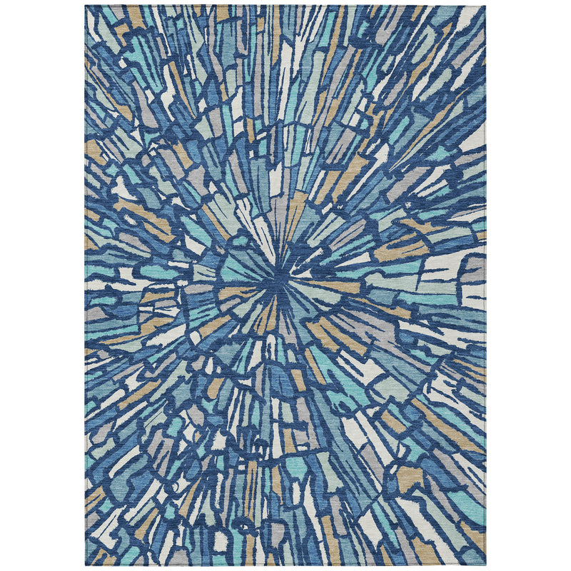 Abstract indoor outdoor area rug with radial navy blue and teal blue sunburst design