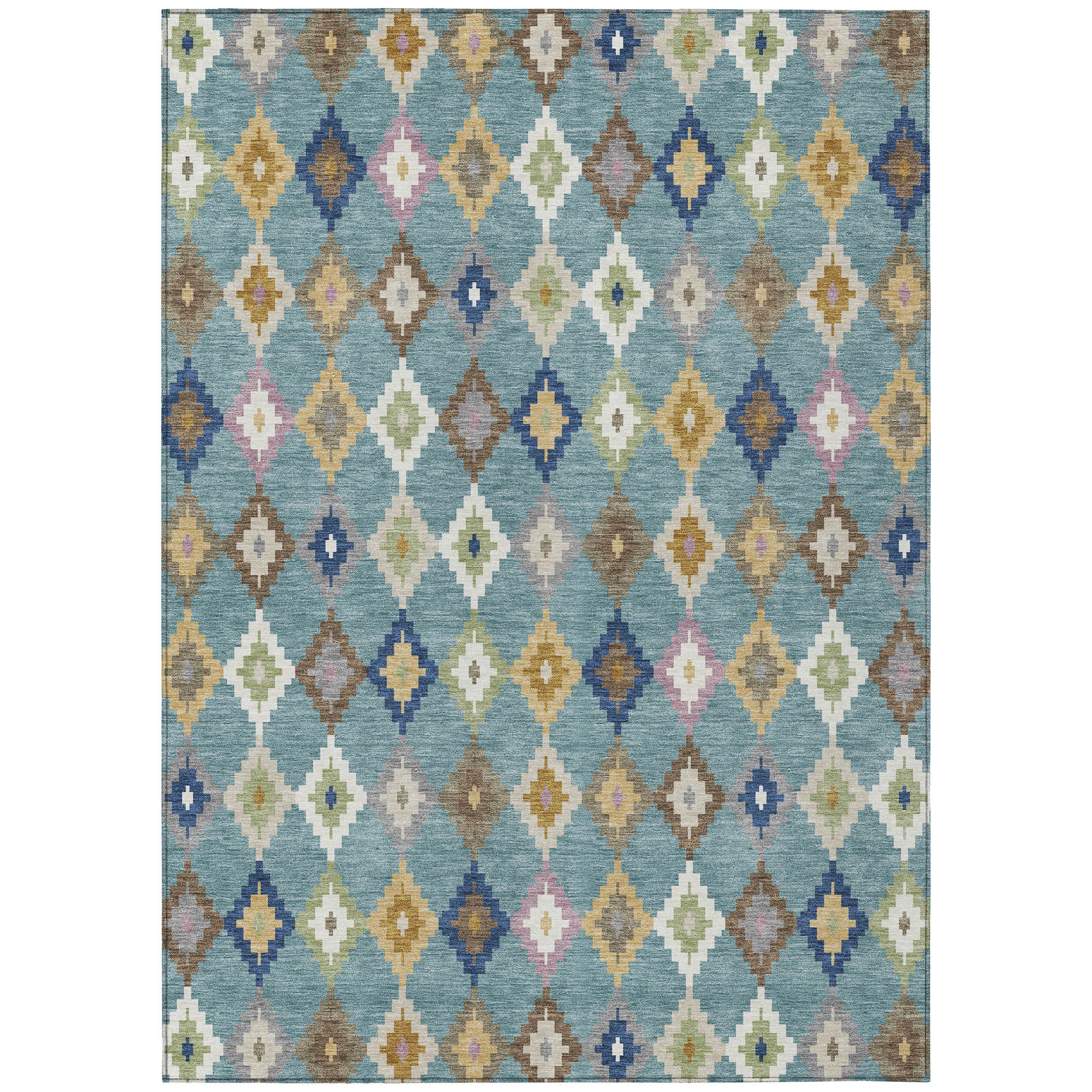 Teal blue aztec pattern rug with multicolor diamonds and small geometric accents