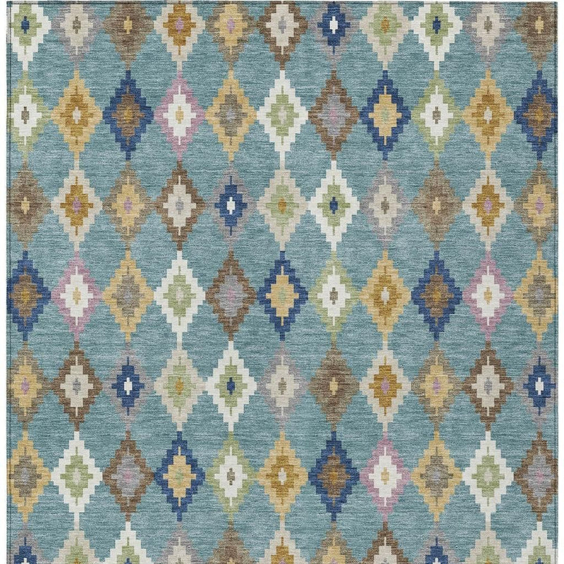 Teal blue area rug with dense multicolor diamond lattice pattern across the surface