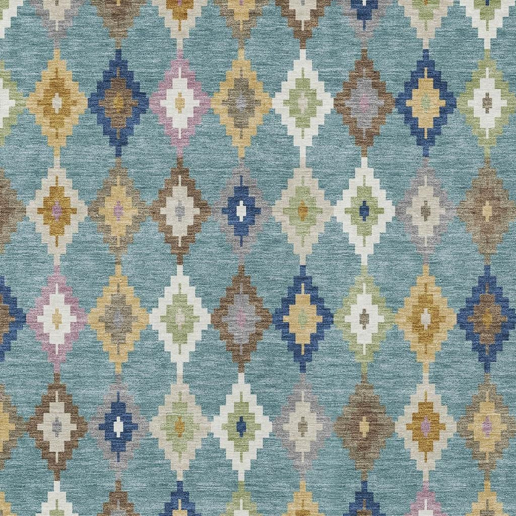 Teal blue rug close-up with repeating multicolor diamond chain pattern