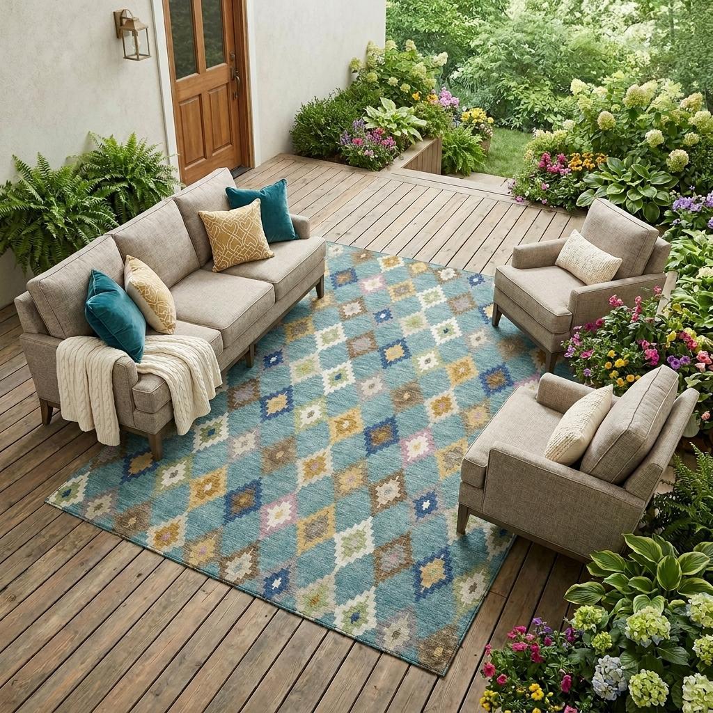 Teal blue aztec-style area rug with multicolor diamond pattern on outdoor seating area