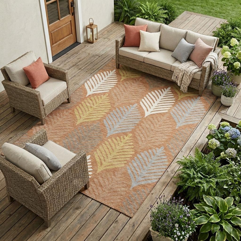 Rectangular orange and copper floral leaf area rug with cream and gray accents
