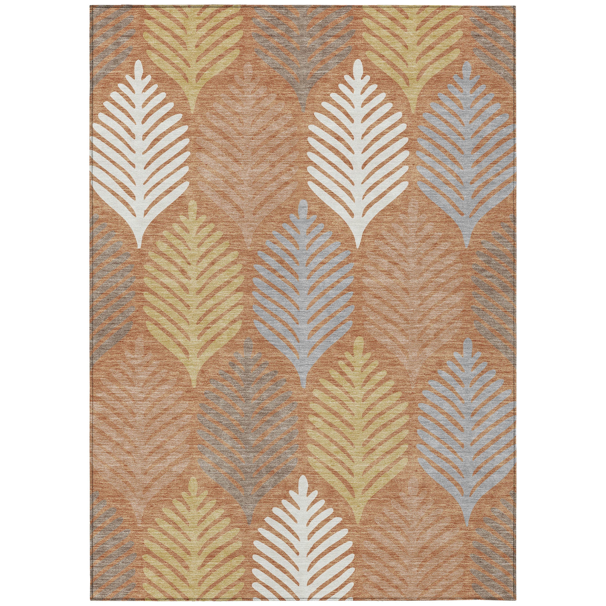 Full view orange and copper floral leaf area rug with cream and gray motifs