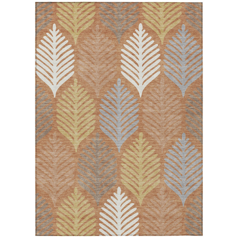 Full view orange and copper floral leaf area rug with cream and gray motifs