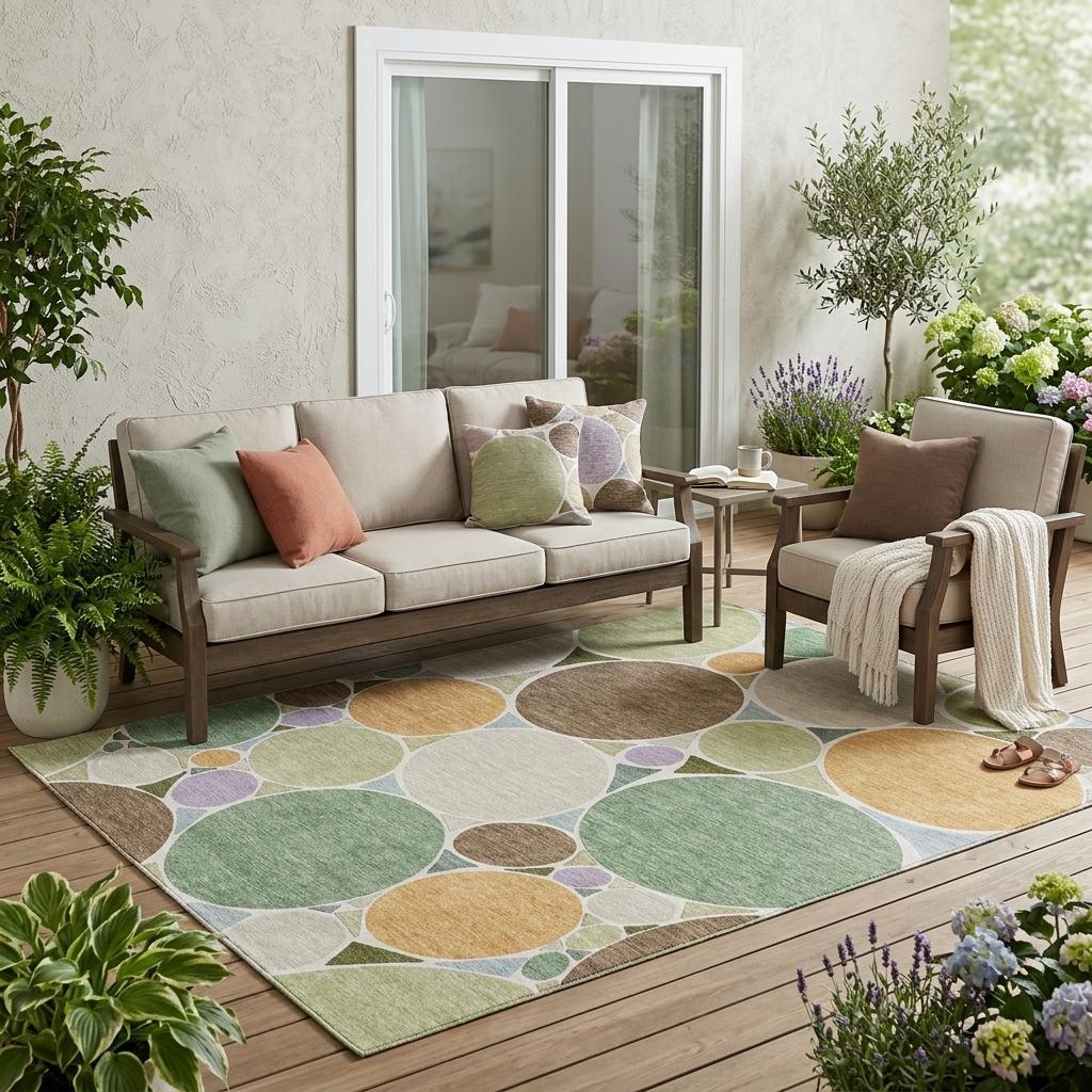 Geometric area rug with green and tan circles and speckled texture, indoor/outdoor style