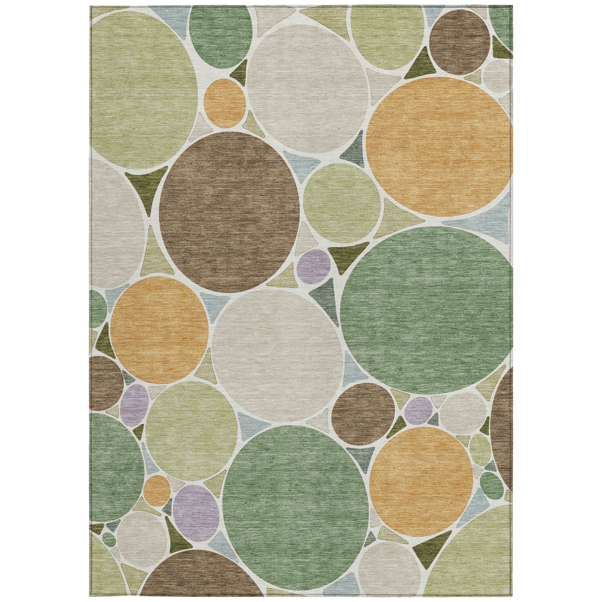 Square multicolor geometric area rug with overlapping circles in green, tan, brown, and purple