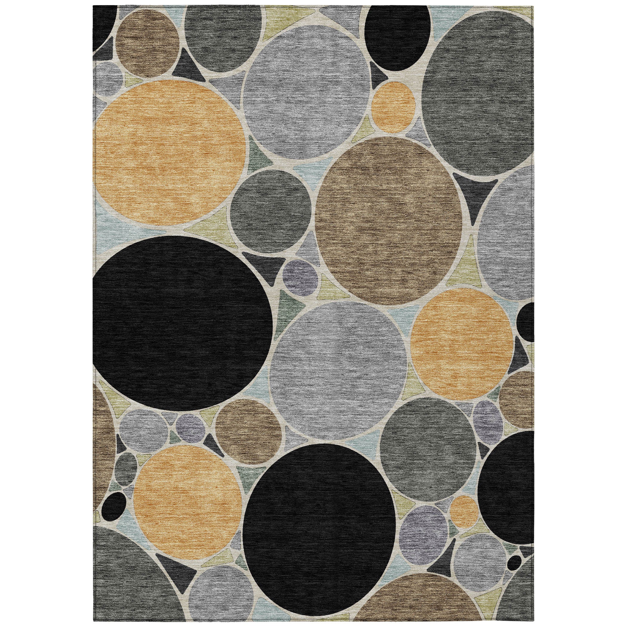 Geometric area rug with black, gray, tan, and gold oval circle pattern