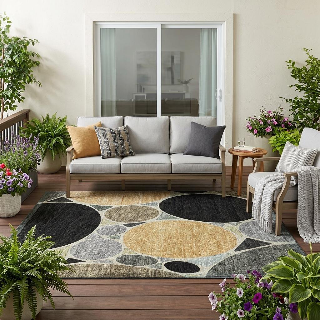 Geometric area rug with abstract circle and dot motif in black, gray, and tan