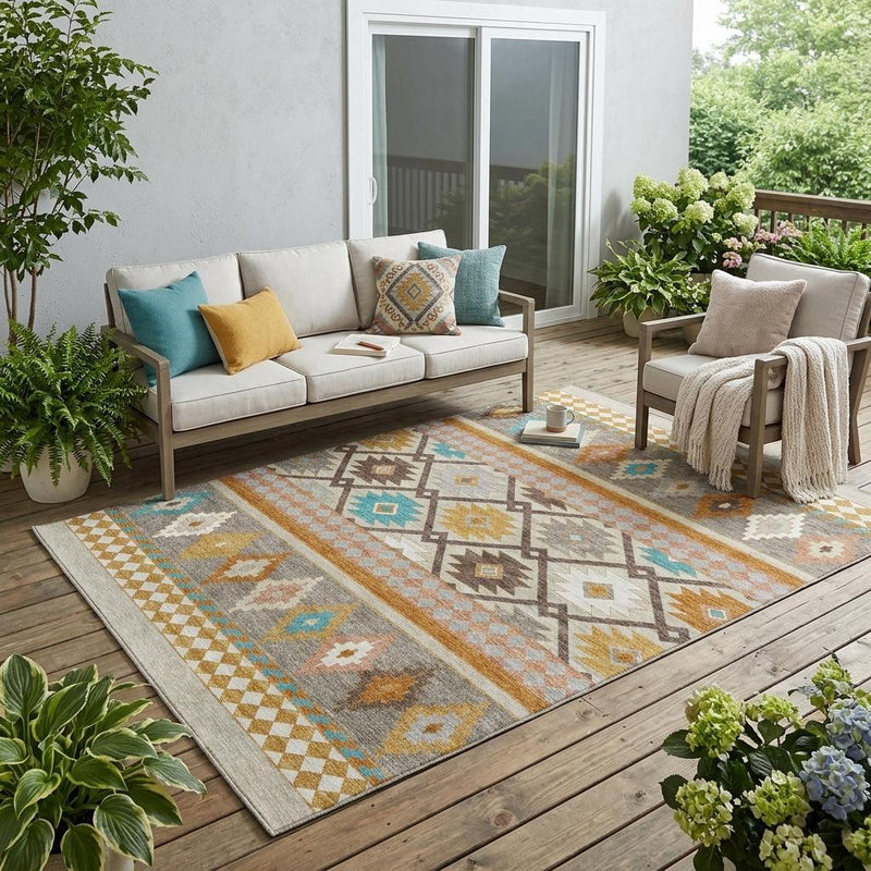 Southwestern area rug in an outdoor patio setting, gray and orange with geometric designs