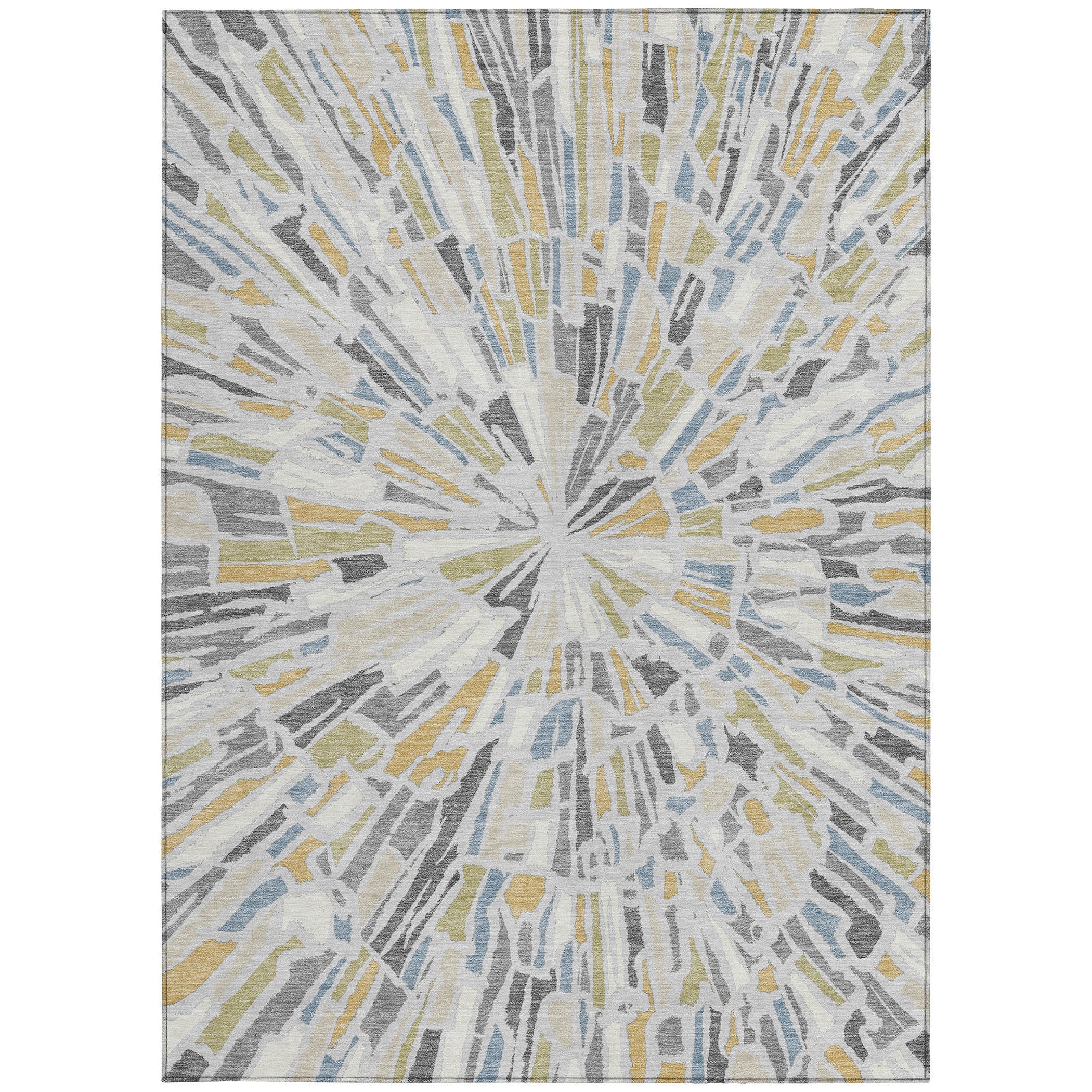 Washable indoor outdoor area rug with silver-gray abstract sunburst pattern, bordered edges.