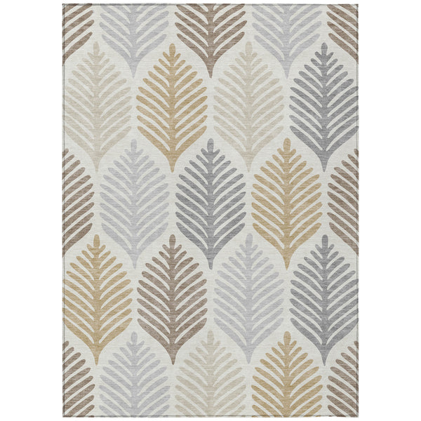 Patterned rectangular rug with ivory background and beige/gray leaf outlines