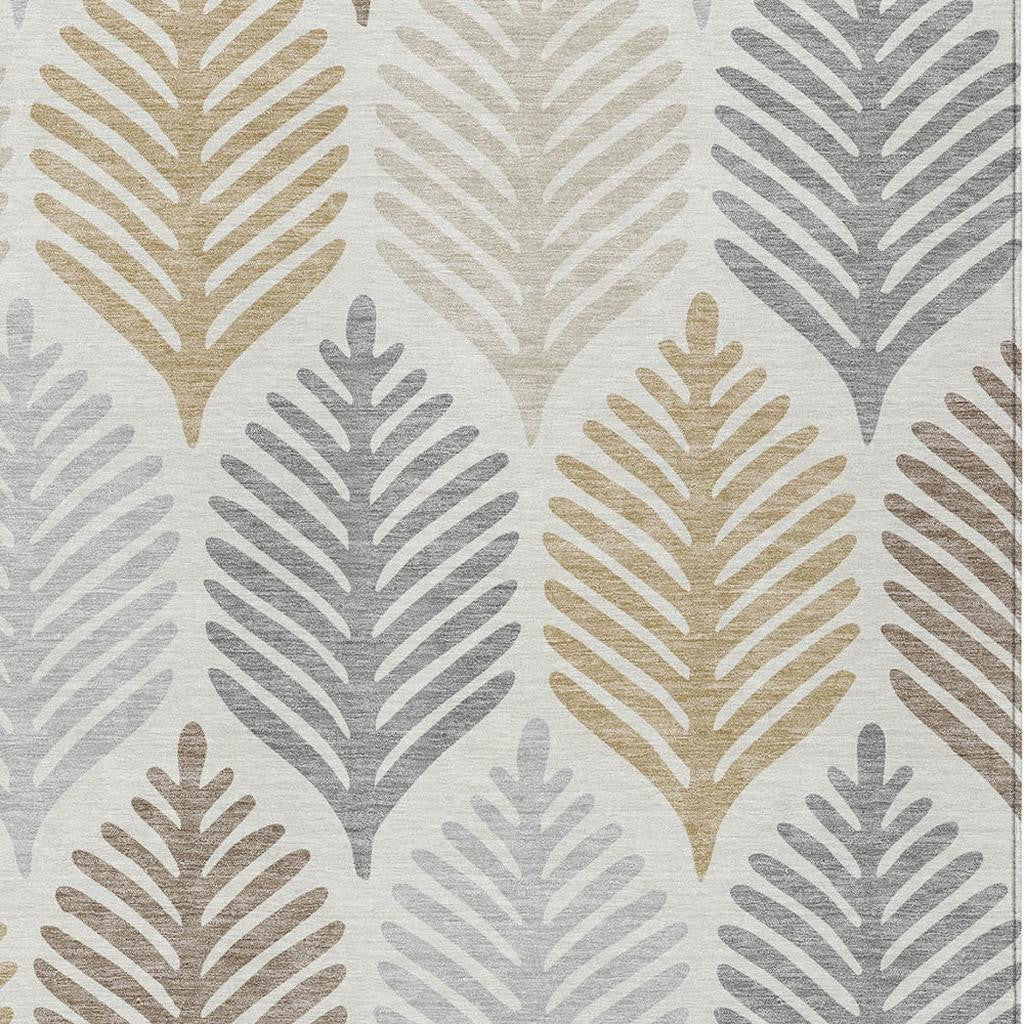 Dense leaf motif on ivory rug with beige and gray tones, detailed repeating design