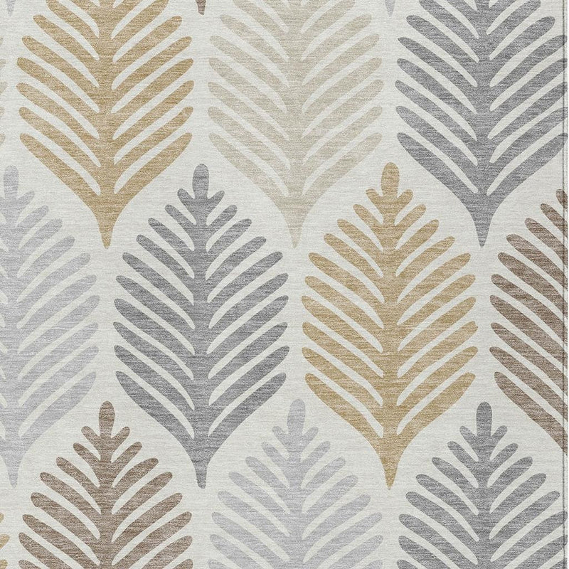 Dense leaf motif on ivory rug with beige and gray tones, detailed repeating design