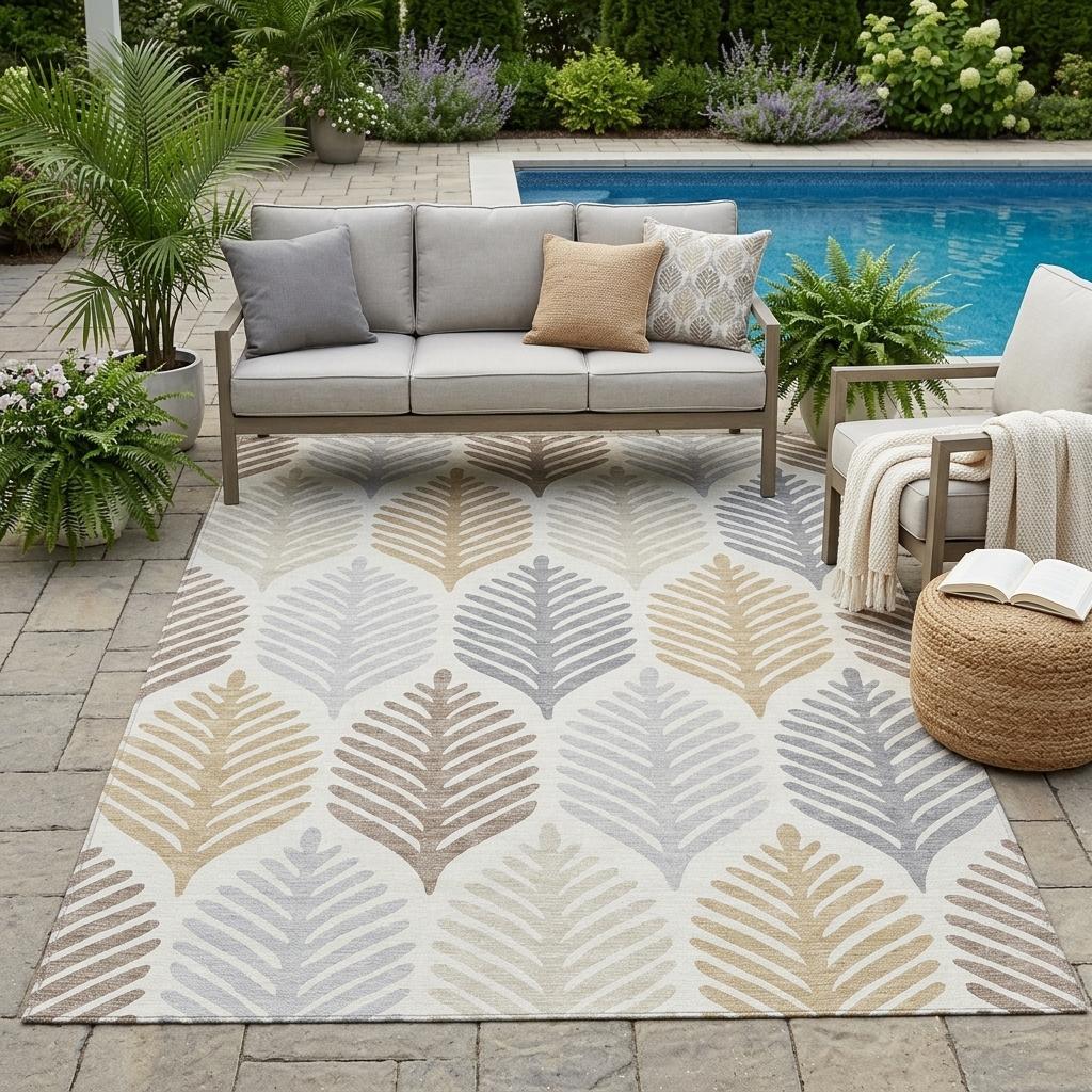 Ivory area rug with beige and gray repeating leaf pattern, washable indoor/outdoor style