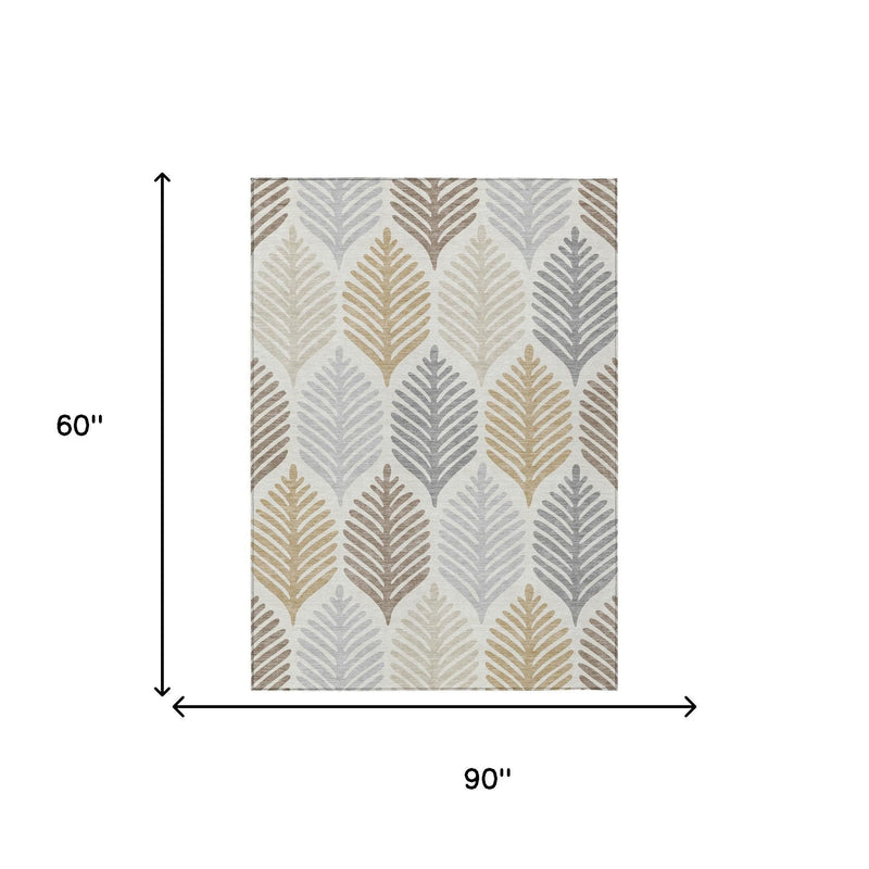 Rectangular rug swatch showing ivory base with repeating beige and gray leaf motif