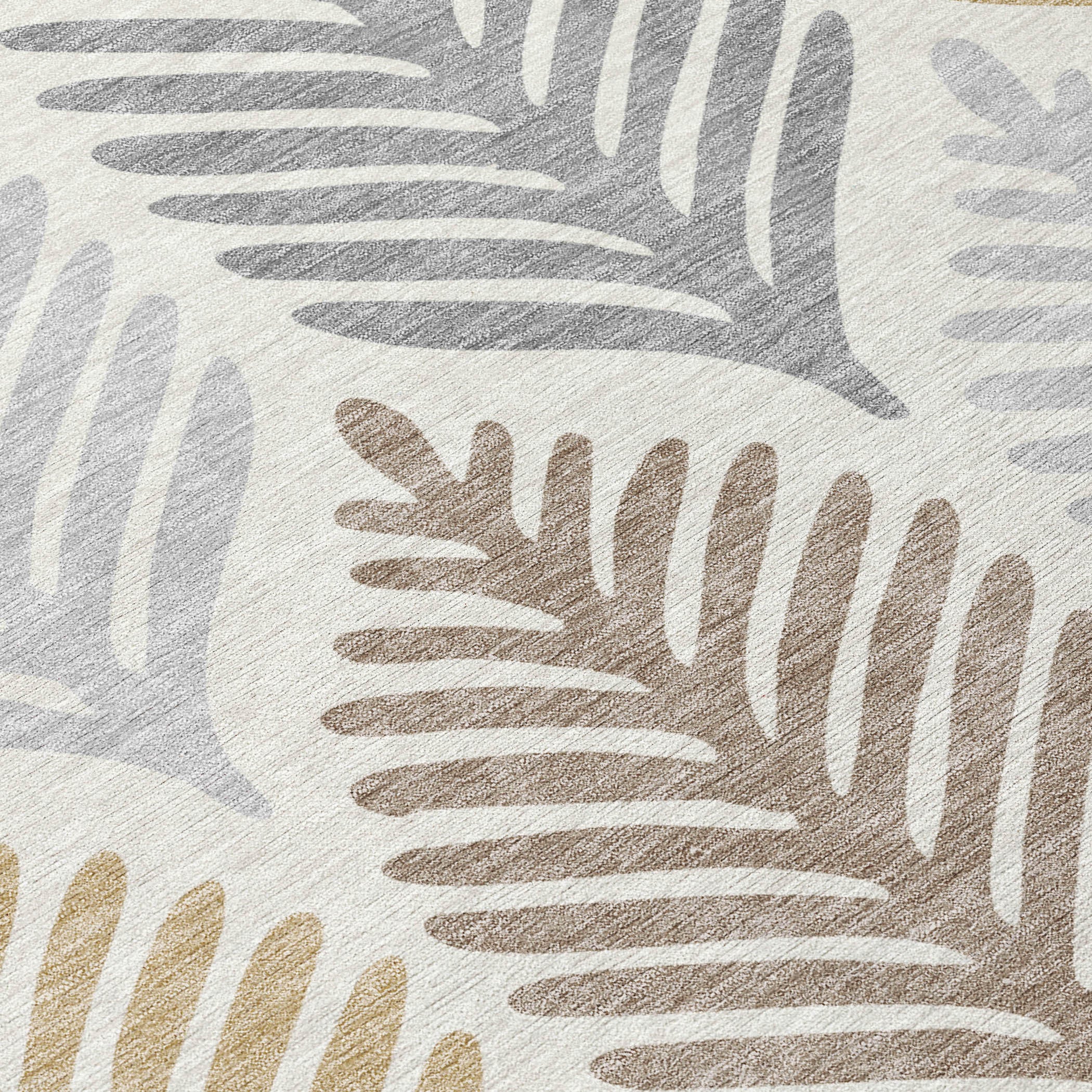 Close-up of ivory rug with beige and gray stacked leaf pattern in textured print