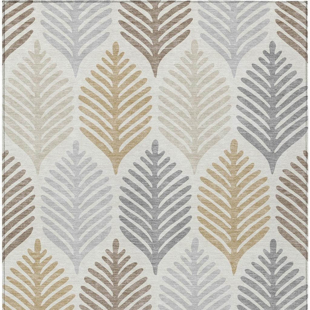 Top view rug design: ivory ground with beige and gray repeating leaf pattern