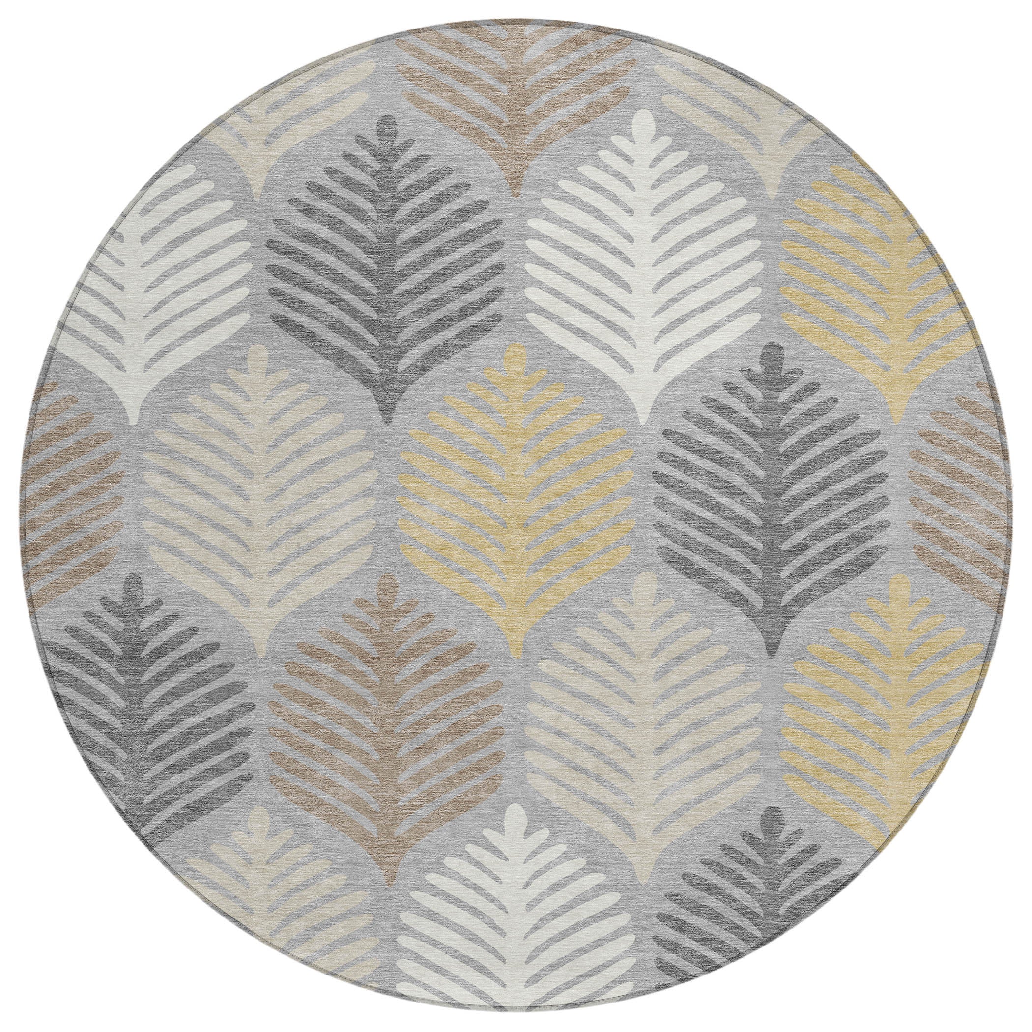 Round area rug with gray and beige leaf silhouettes and light yellow accents, washable design.
