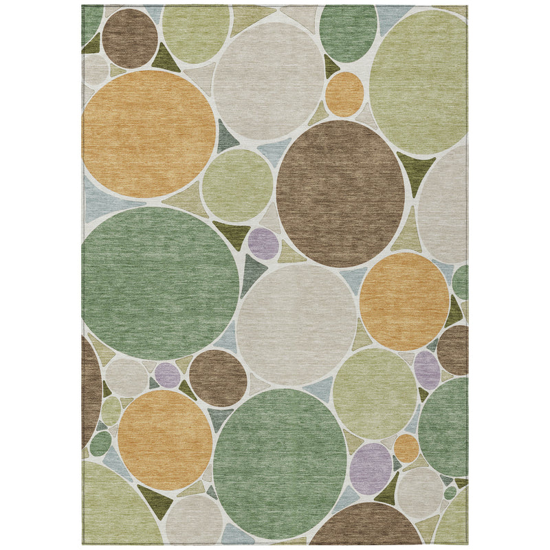 Rectangular geometric area rug in green, tan, brown and white with circle mosaic