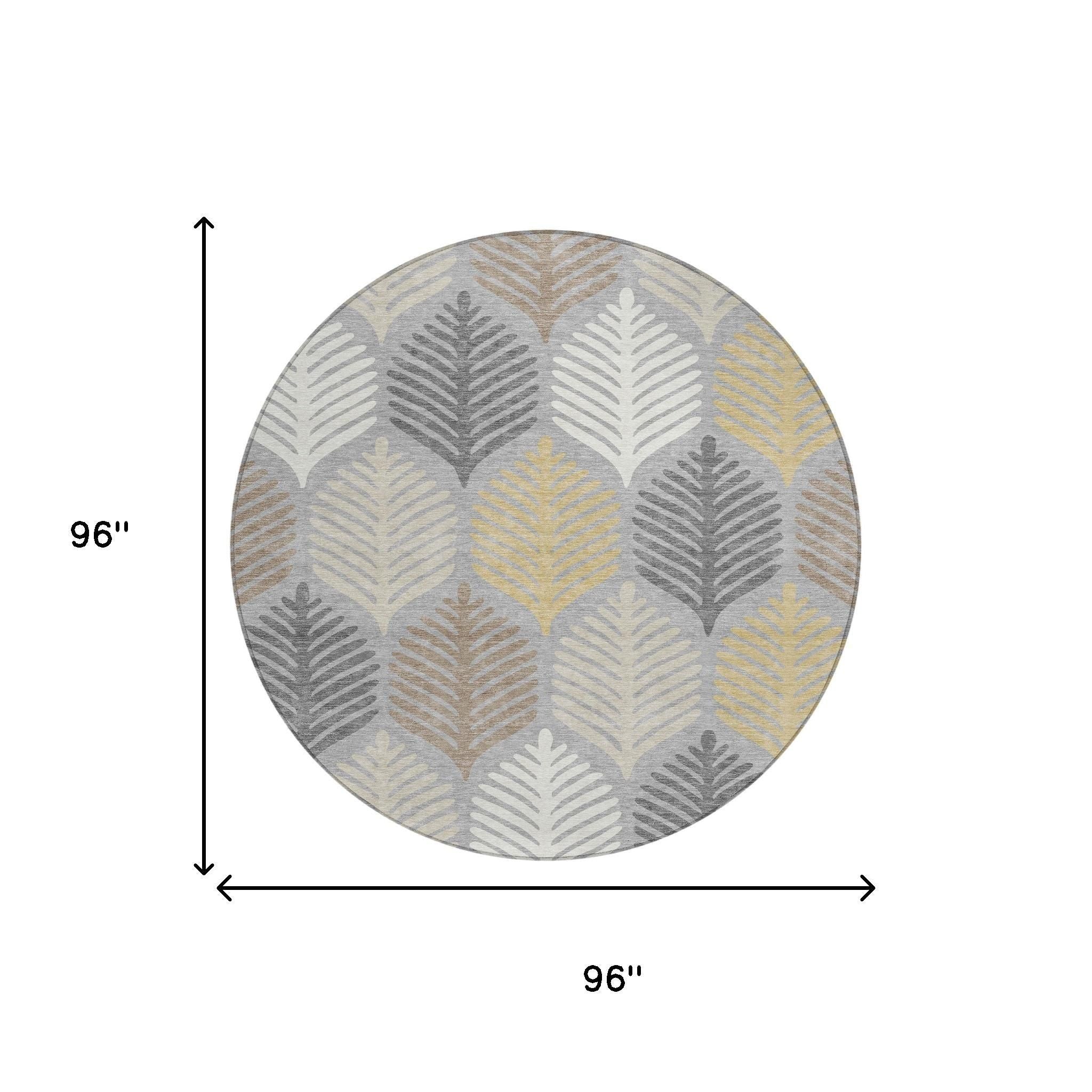 Round rug size diagram showing 96 in diameter on gray, beige, and light yellow leaf pattern.