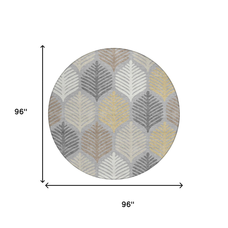Round rug size diagram showing 96 in diameter on gray, beige, and light yellow leaf pattern.