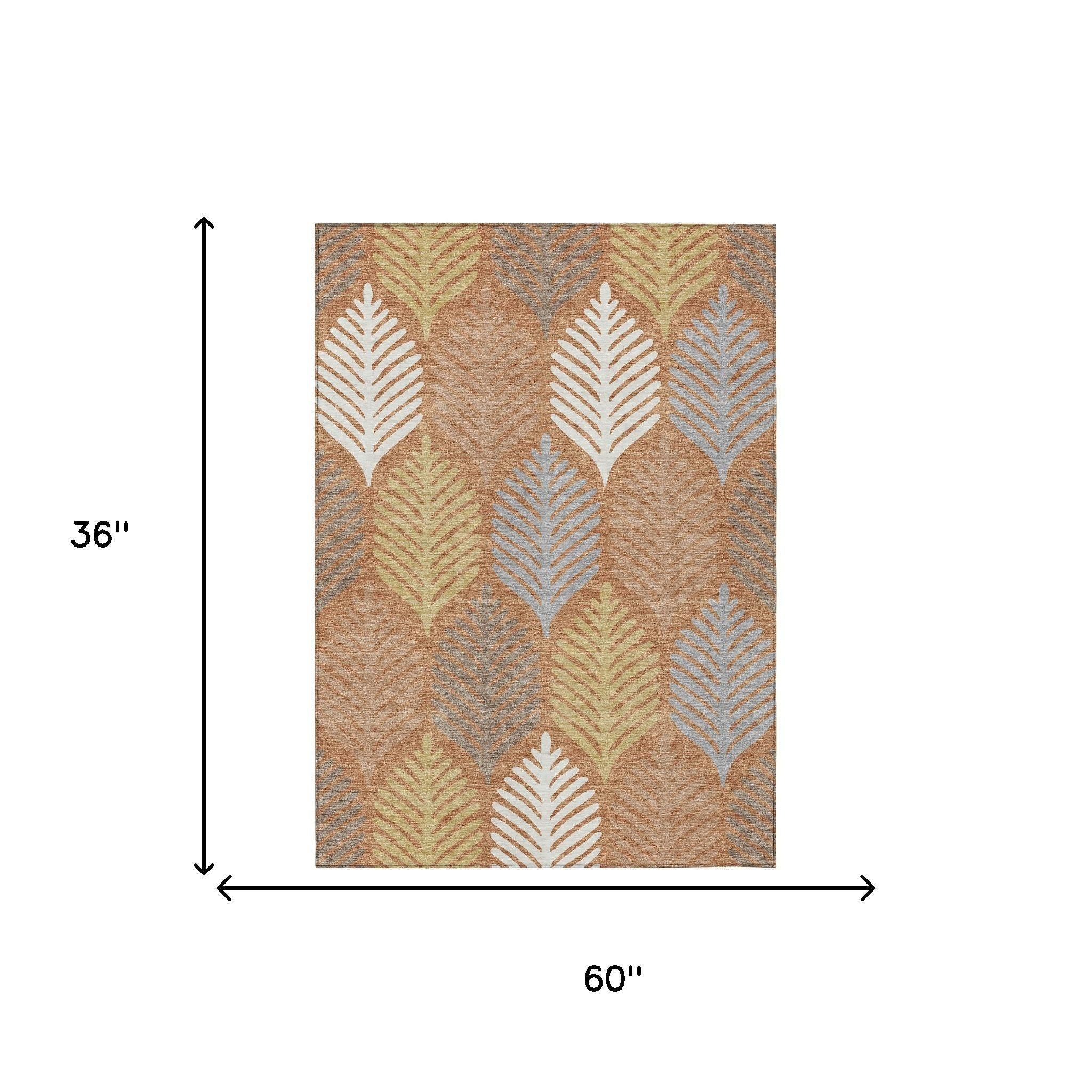 Area rug with orange-copper floral leaf pattern, 36 in x 60 in