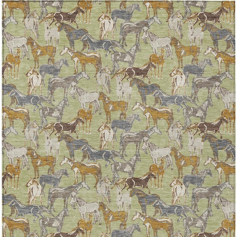Multicolor horse print area rug with green background and beige and gray horses