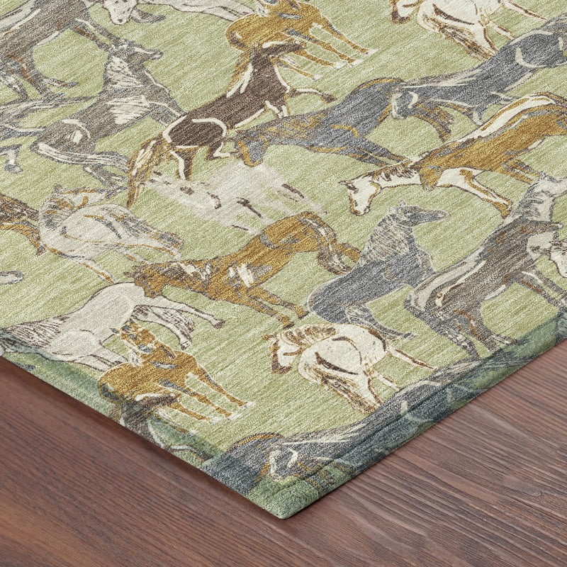 Corner view of green horse print area rug with textured beige and gray fibers
