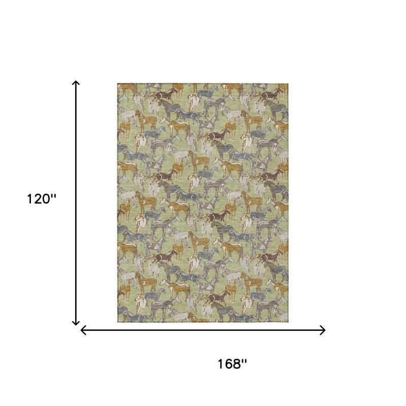 10 ft x 14 ft horse print area rug, green and beige with gray and tan horses