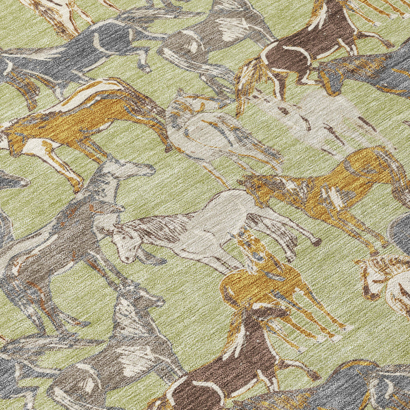 Close-up of green horse pattern rug with beige, gray, and tan woven details