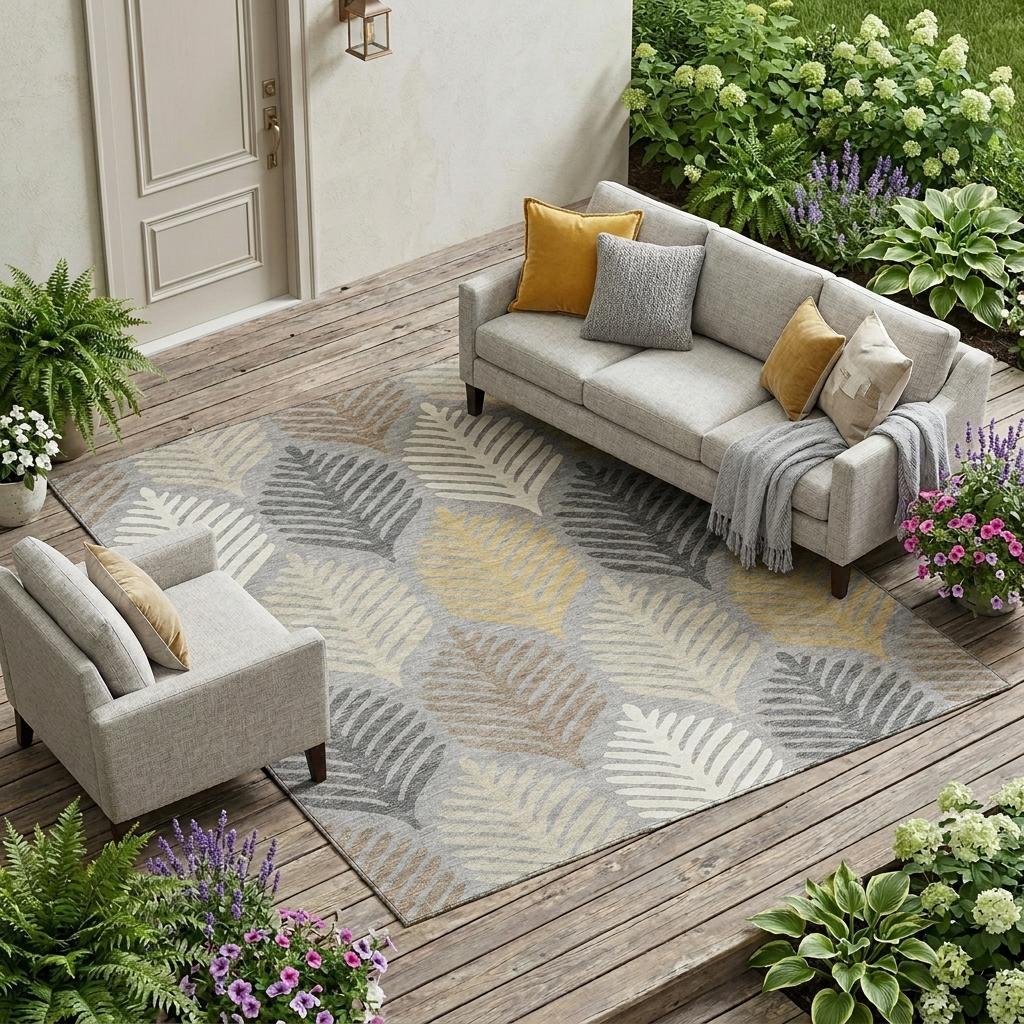 Gray and beige leaf pattern area rug laid on outdoor wood patio