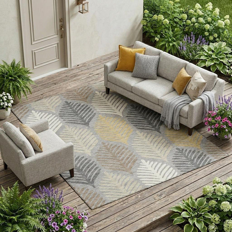 Gray and beige leaf pattern area rug laid on outdoor wood patio