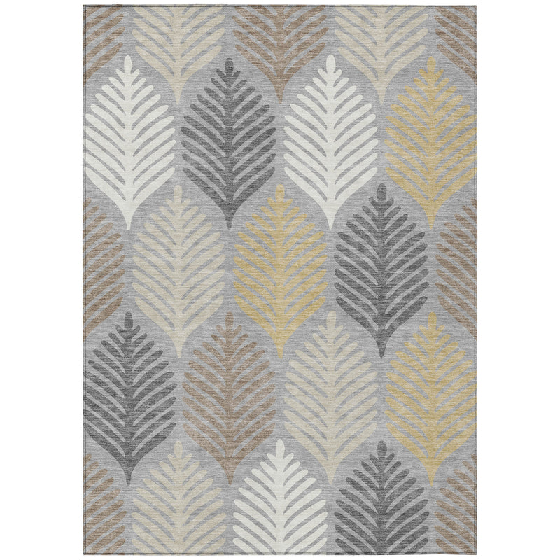 Rectangular gray and beige leaf pattern area rug with border