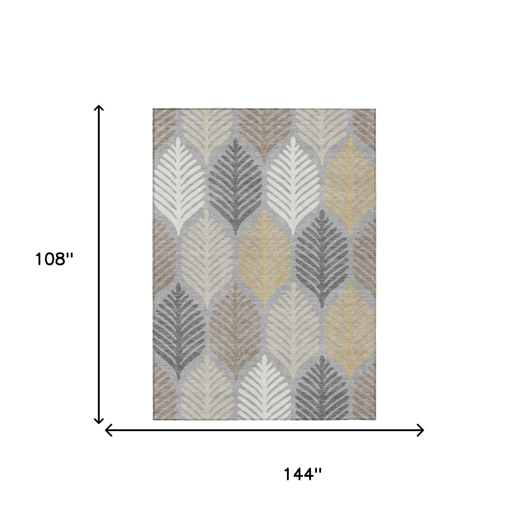 Rectangular leaf pattern area rug with size shown: 144" wide by 108"